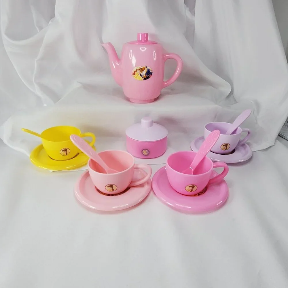 Disney Princess Belle & Beast Childs Play Tea Set Cups Saucers Teapot Spoons - Picture 6 of 12